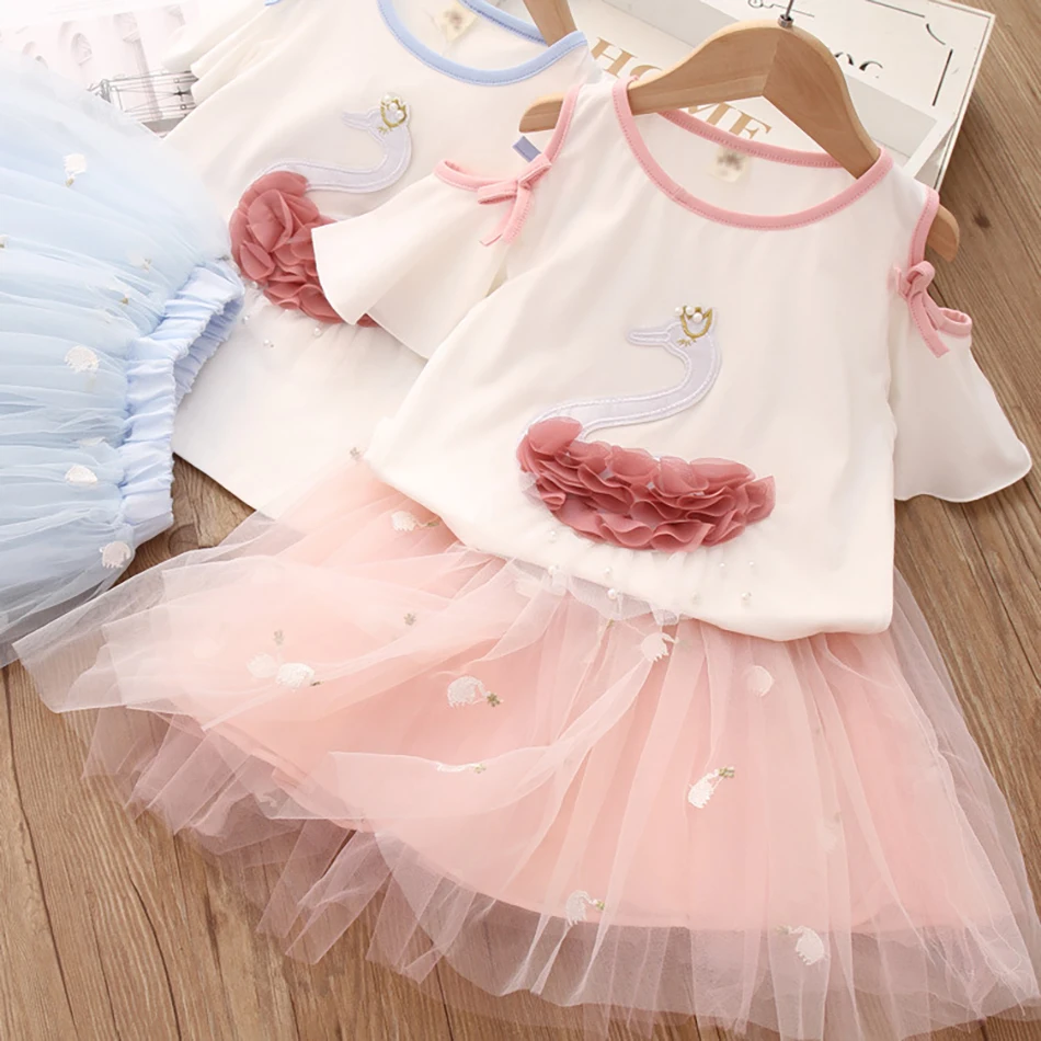 

2021 Fashion Girls Suit For Baby Children's Clothes Set Summer Kids Print T-shirt Tops+Mesh Skirt Outfits