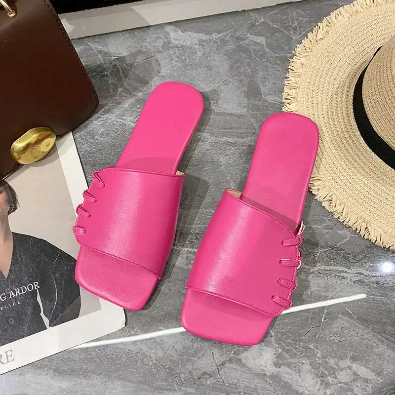 

2021 summer Korean version large size woven hollow square open toe flat bottom slippers Roman sandals women