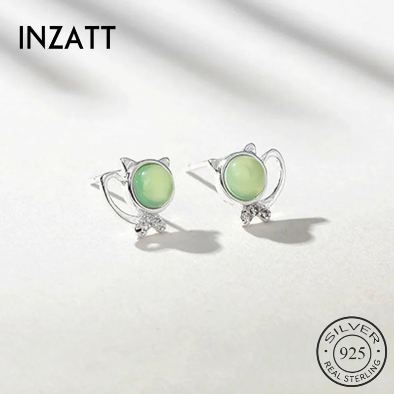 INZATT, настоящее 925 пробы, серебряные, зеленые стеклянные серьги-гвоздики в виде кота для модных женщин, вечерние ювелирные изделия в виде милых животных, подарок