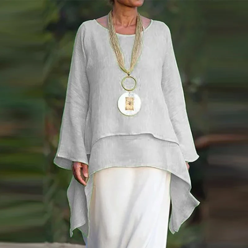 

Elegant Flare Sleeve Irregular Tops Blusa Casual Double Ruffle Round Neck Shirt Pullover Ladies Vintage Loose Women Solid Blouse