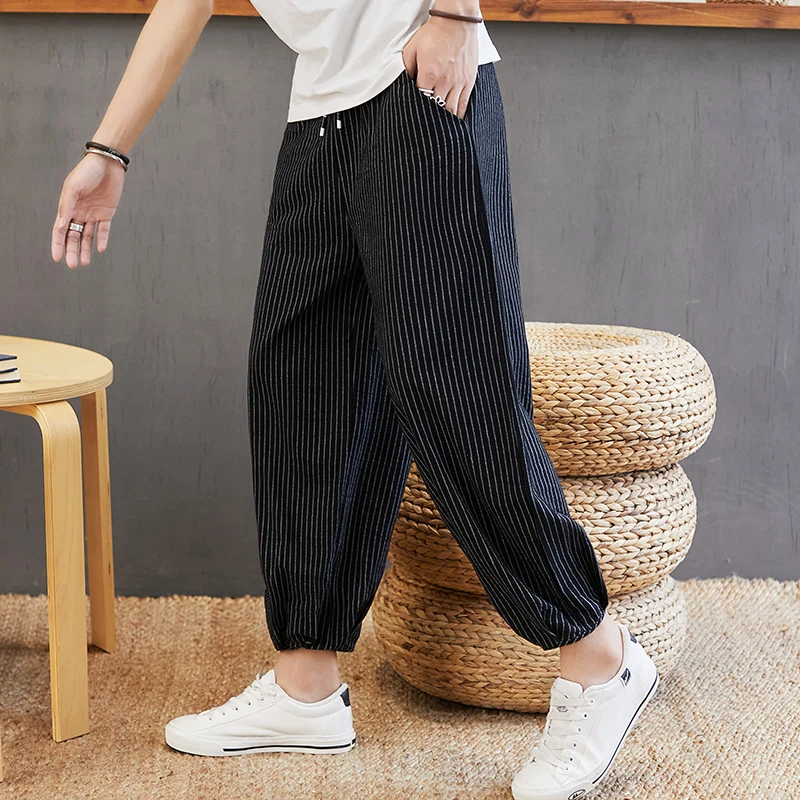 

Nice Pop Fashion Men Casual Harem Pants Summer Trousers Mens Cotton Linen Pants Male Chinese Style Solid Calf-length Pants Men