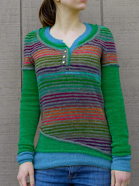 Женский полосатый вязаный свитер Осенний пуловер с длинным рукавом Pacthwork