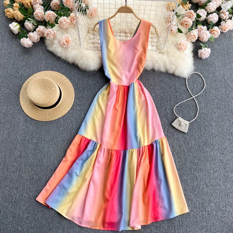 

New Summer Women Sexy Crossed Strap Backless Vacation Dress Fashion Designer Gradient Rainbow Color Long Dress