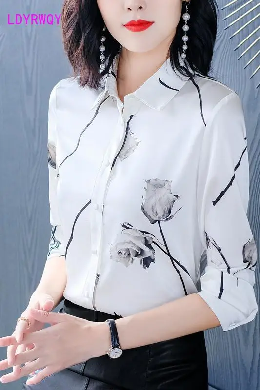 

LDYRWQY 2021 summer women's long-sleeved printing fashion large size loose lapel single-breasted Korean new shirt