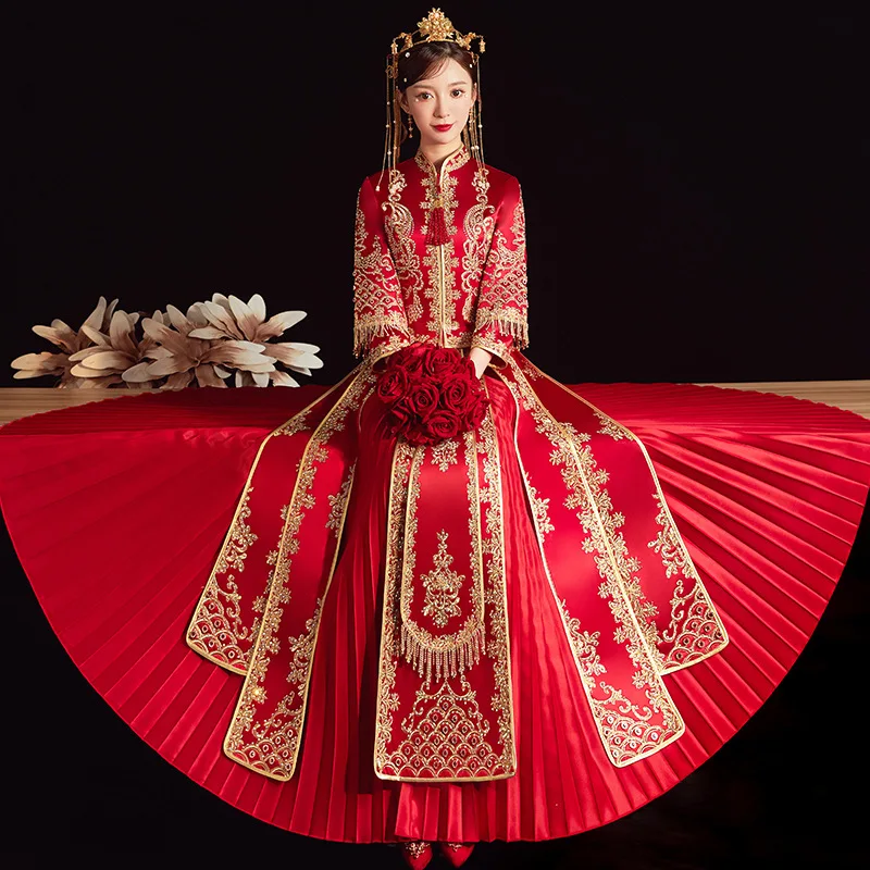 

Традиционное свадебное платье в китайском стиле, элегантный Чонсам для невесты с воротником-стойкой и винтажной вышивкой, Ципао