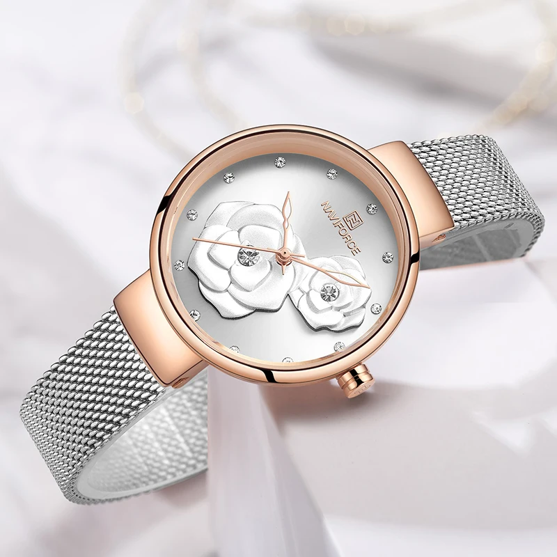 Creative 3D Flower Women Watch NAVIFORCE Luxury Brand Fashion Casual Ladies Watches Waterproof Full Steel Mesh Quartz WristWatch | Наручные