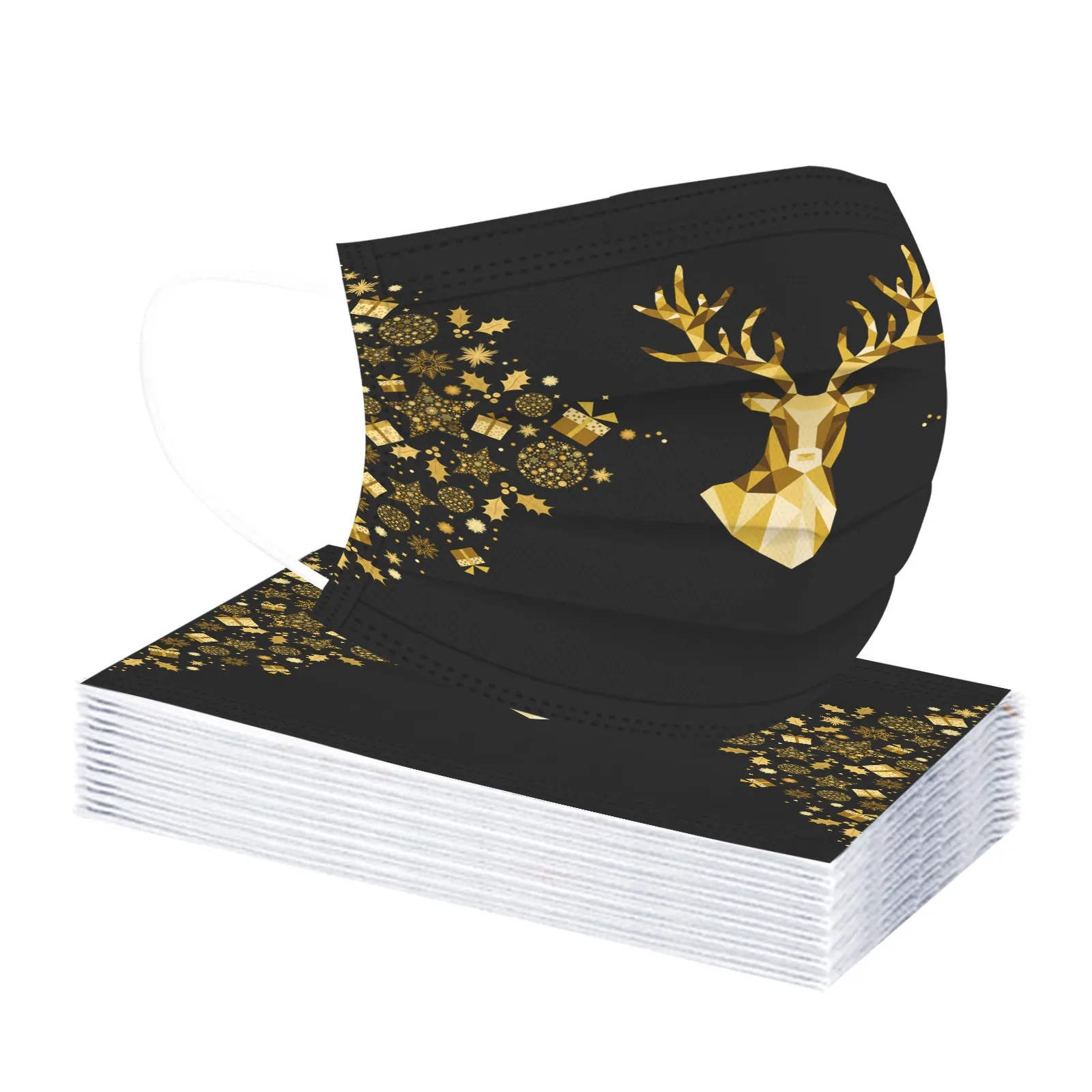 

Маска для взрослых с рождественским принтом, 20 шт., одноразовая 3-слойная маска, маска с фильтром, черные и золотые маски с принтом