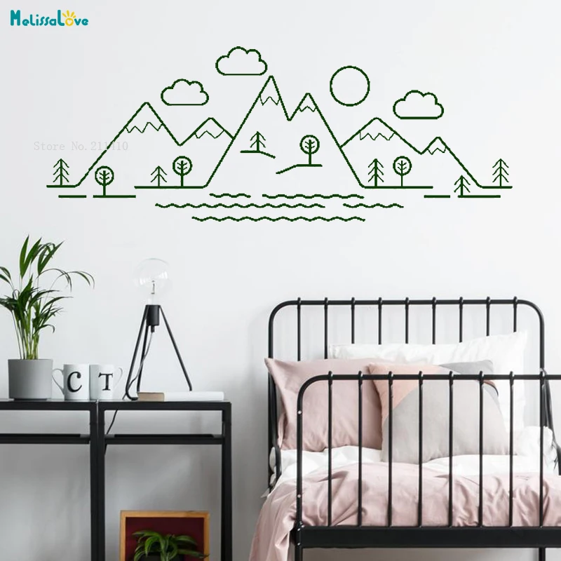 Mountain Scene Wall Decals Art Mountains Trees Vinyl Sticker Removable Home Decor Kids Baby Room Nursery Clouds Murals YT2109 | Дом и сад