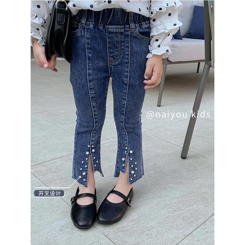 

Детские джинсы для девочек, эластичные бриджи с жемчугом, в Корейском стиле, осень 2020