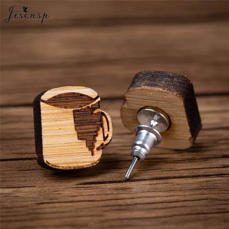 Jisensp Vintage Design Cute Cup Wood Earrings Fashion Jewelry for Women Unique Coffee Stud Gift | Украшения и аксессуары