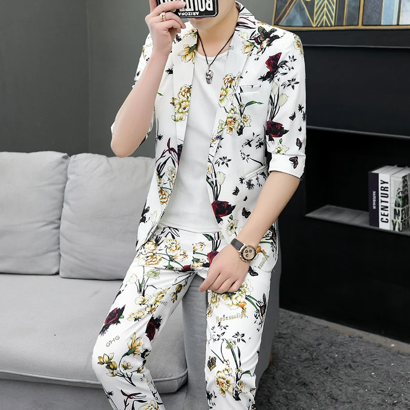 

Loldeal Men's Mid-sleeved Blazer + Long Pants Two-piece Fashion Slim Floral Print Suit Set