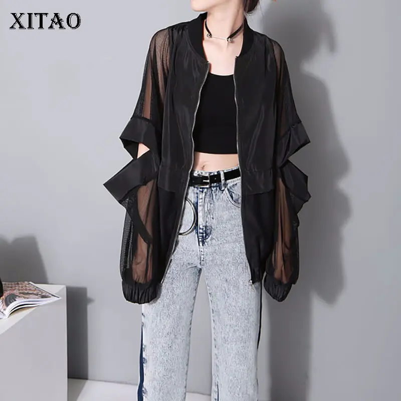 Женская полупроницаемая тонкая куртка XITAO черная Лоскутная с вырезами и