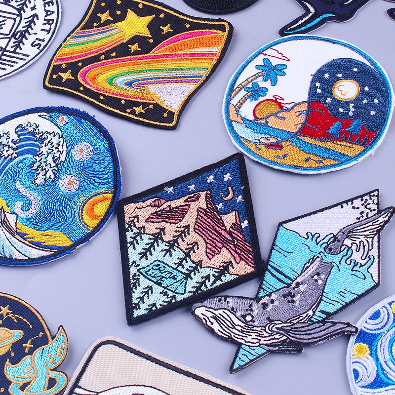 

Starry Sky Wave Whale Embroidery Patch Van Gogh Embroidered Patches For Clothing Iron on Patches On Clothes Stripes Stickers DIY