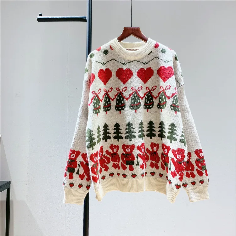 

Fannic 2020 Autumn and Winter Christmas Little Bear Red Sweater Pull Femme Hiver Knitted Round Neck Long Sleeve Pullover Women