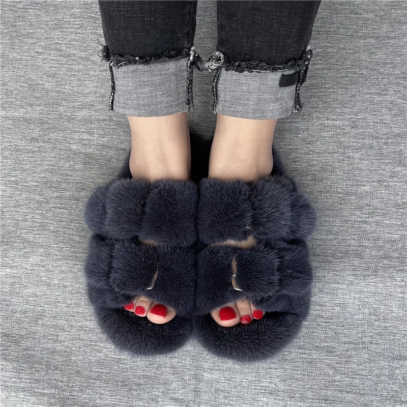 

2021 Stylish Luxurious Mink Fur Slippers Ladies Comfortable Fluffy House Slippers Open-Toed Sandals Soft Slippers Floor Shoes