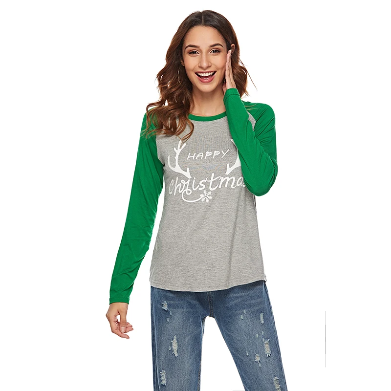 

Повседневная Лоскутная Женская футболка контрастных цветов с круглым вырезом, Рождественская футболка с длинным рукавом и принтом в виде р...