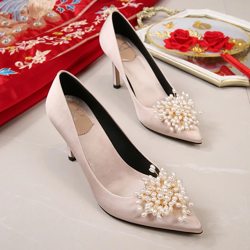 Red Wedding Shoes Banquet Women's High Heel Shoes 2020 New Style Four Seasons Large Size WOMEN'S Shoes Thin Heeled Bride Shoe