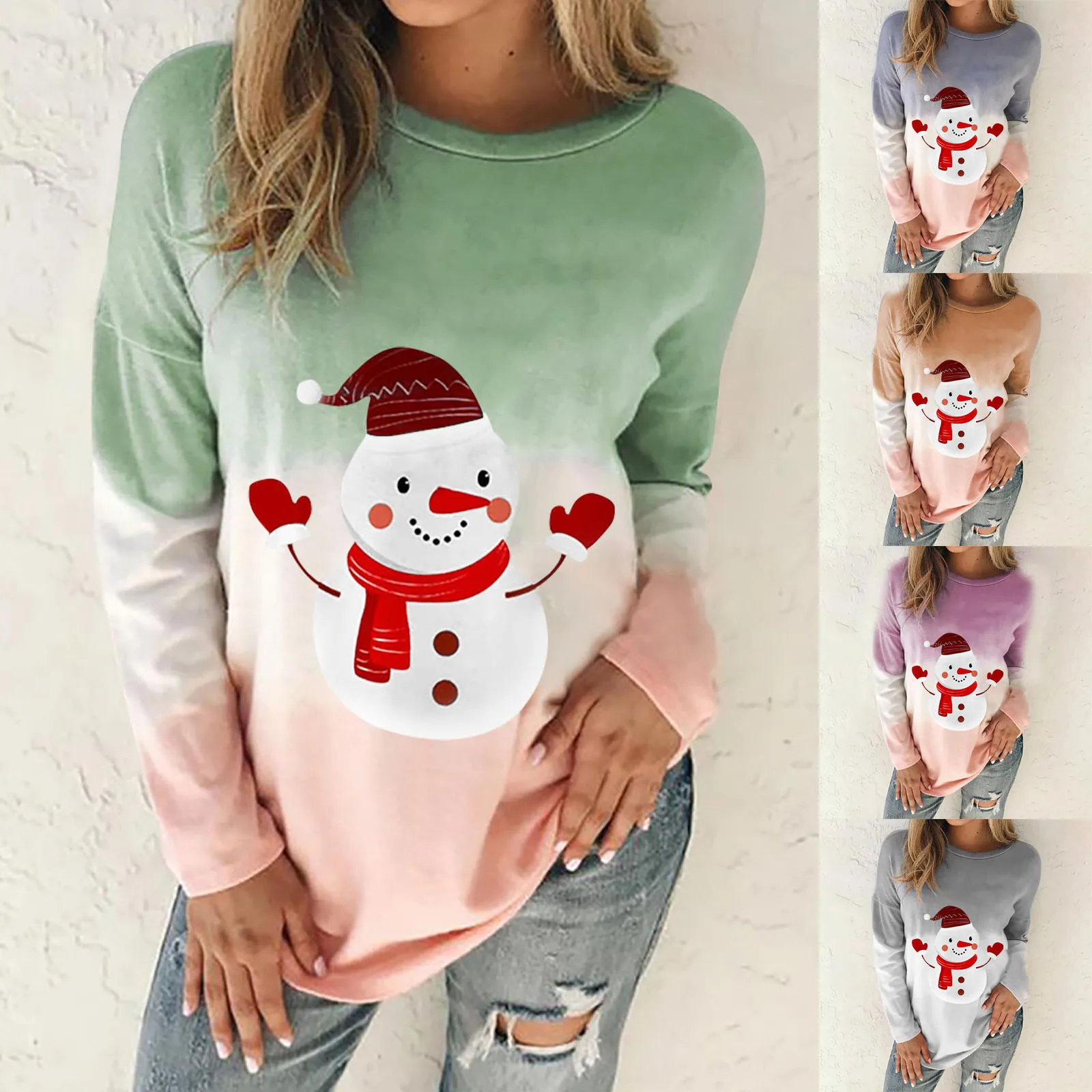 

Sweatshirt Women Fashion Hoodie O-neck Loose Snowman Long Sleeves Tops Blouse Gradient Hoodies Sweatshirts Christmas Clothes
