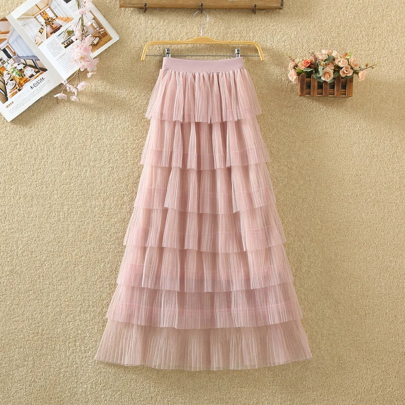 winter new high waist A-line pleated cake skirt yarn all kinds of mesh medium length long woman | Женская одежда