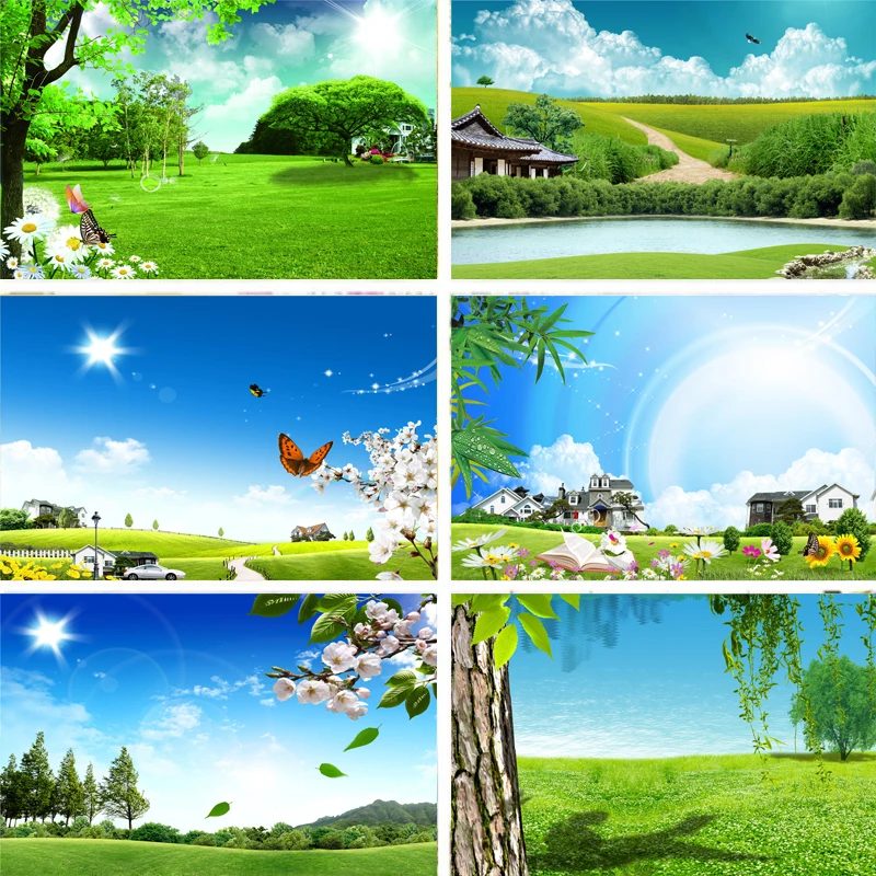 Nitree Виниловый фон для фотостудии природный пейзаж трава голубое небо бабочка