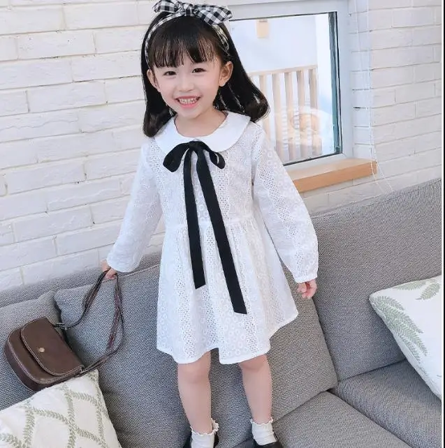 

2020 New Fashion Girl Baby White Lace Princess Dress Spring Autumn Summer Cotton Hollow Out Big Bow Vestidos clothes