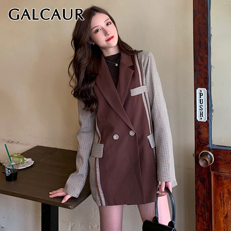 Женский винтажный блейзер с длинным рукавом GALCAUR клетчатый Повседневный