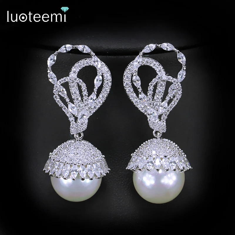 

LUOTEEMI Elegant Shape Silver Color CZ Stone Paved Dangling Round Big Pearl Drop Earring for Women bijoux noel femmeJewelry Gift
