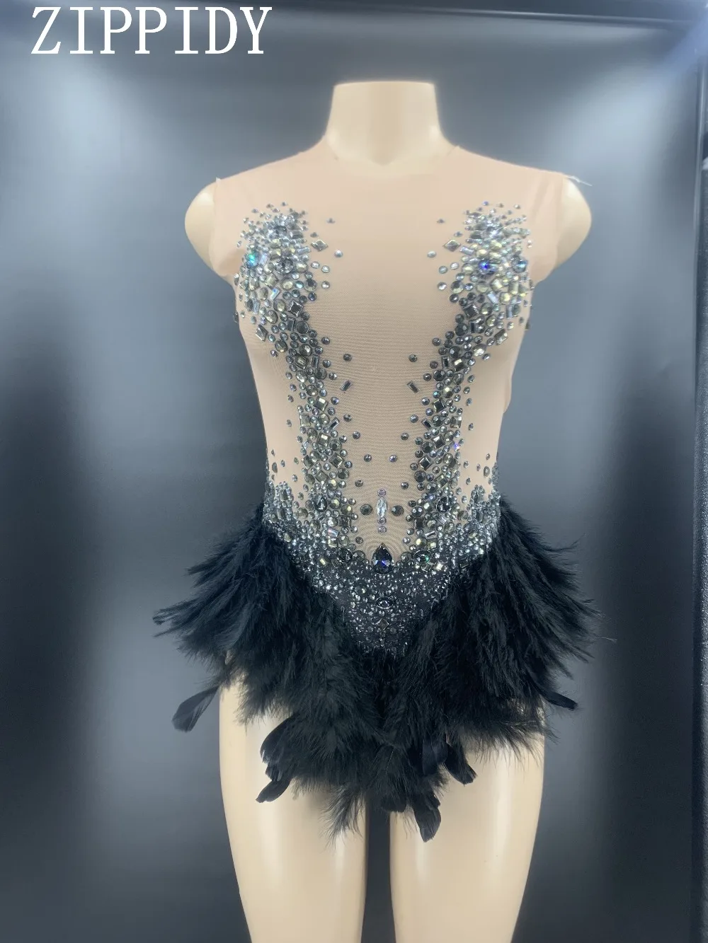 

2020 модное сексуальное черное боди Стразы с перьями, прозрачный костюм, наряд, одежда для женщин, певец, танцевальный купальник YOUDU
