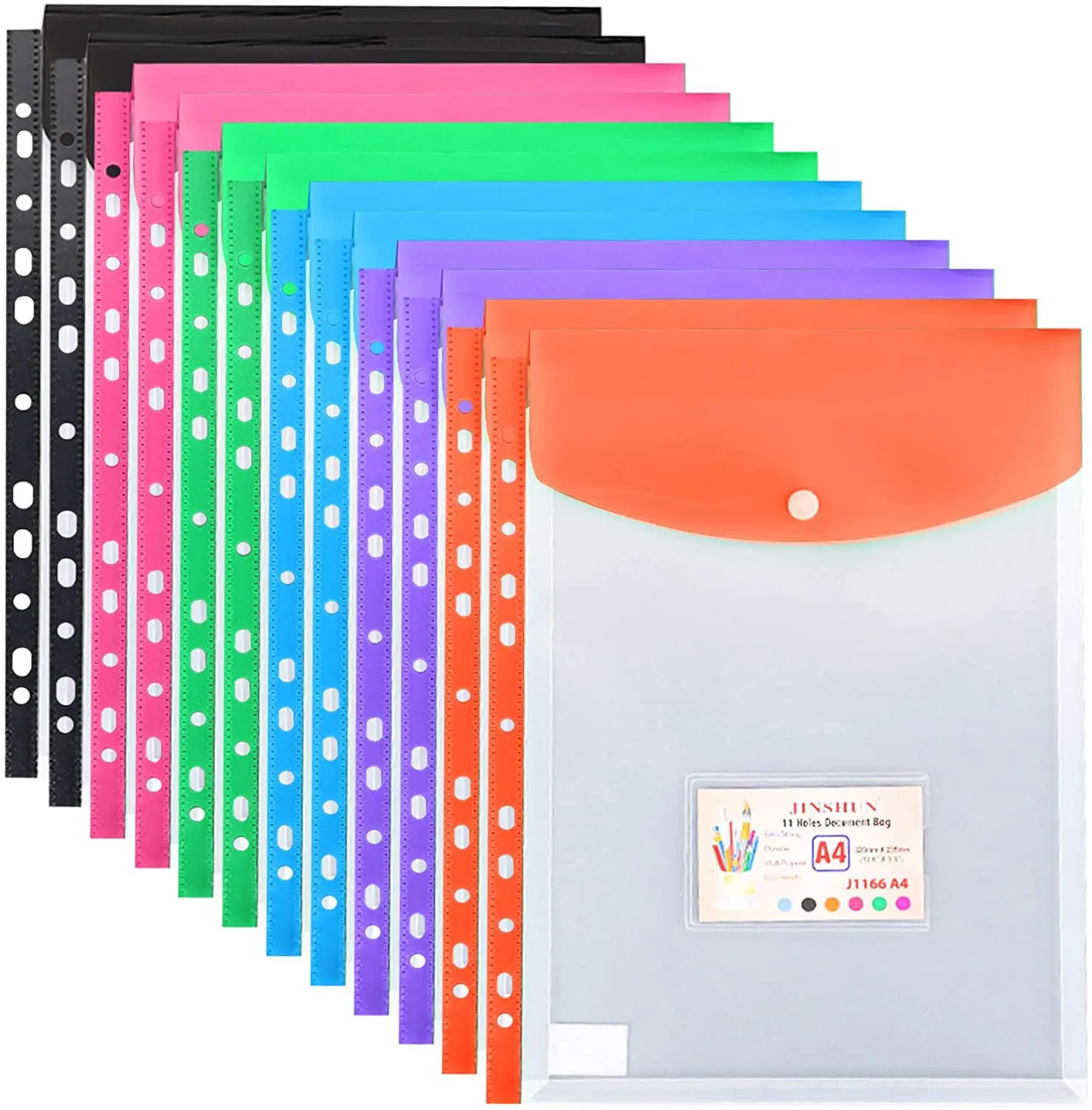A4 Clear Plastic Punched Pockets with Button Closure for Home Office and School Files 11 Hole Binder Envelopes Folders Organizer