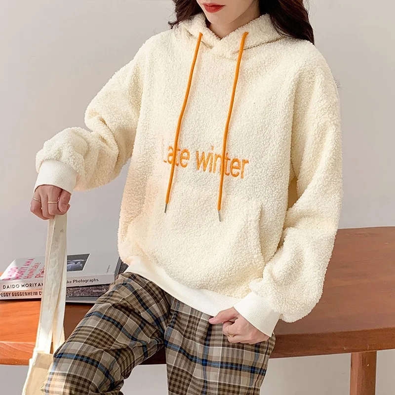 

Women Plus Velvet Sweater 2021 New Style Western Style Autumn and Winter Thick Hooded Pullover Letter Embroidery Solid Color Top