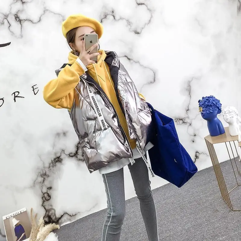 2020 Autumn Winter New Style Korean-style Thick Bright Surface Cotton Vest Student Loose Hooded Parka Gilet Coat | Женская одежда