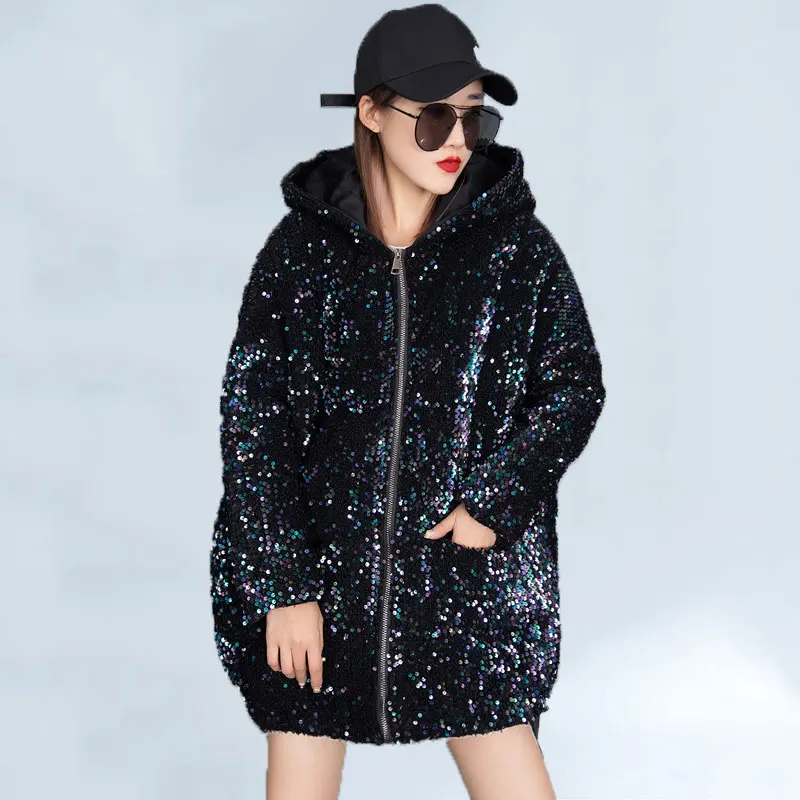 2022 Winter  Cotton Coat Women Sequins Long-sleeved Parka Jjacket Fashion Hooded Thick Warm Long Coat Streetwear 292