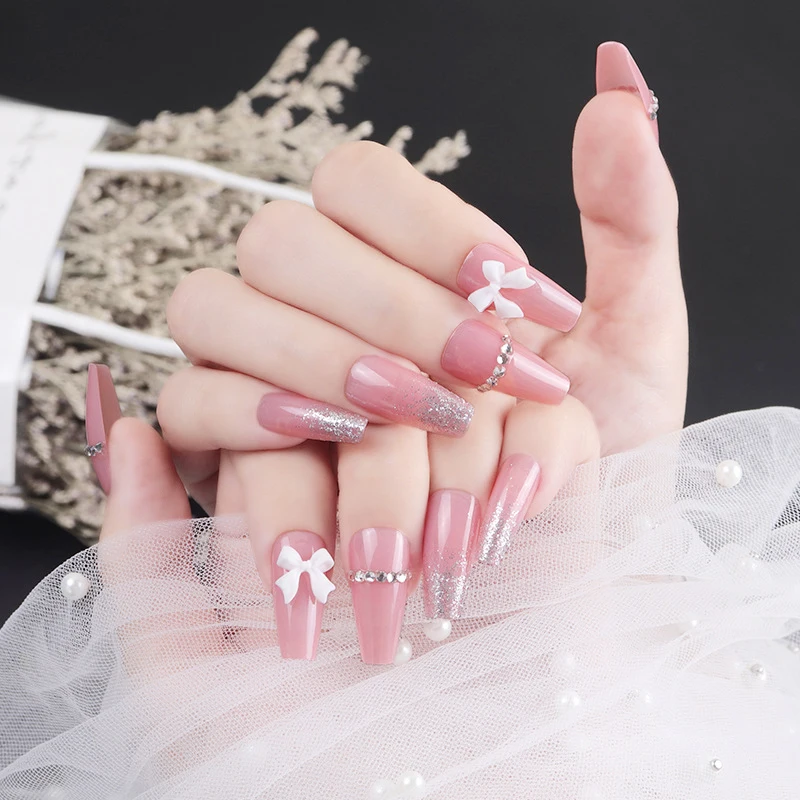 

Reusable False Nail Tips For Nails Extension Styling Accessories White Bowknot Ballerina French Long Fake Nail With Design 24pcs