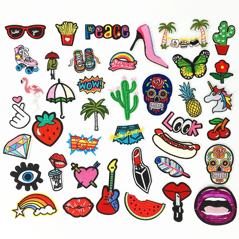 

40pcs French Fries Strawberry Diamond Adhesive Patch Skateboard Ghost Embroidery Cloth Stickers Hats Jeans Ironing Sewing Decor