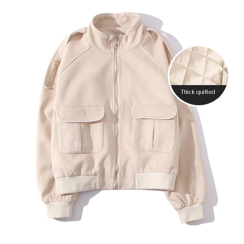 

Women's Coat Solid Thick Long-Sleeved Female Autumn Winter 2021 New Style Stand-Up Collar Capless Baseball Uniform Jacket