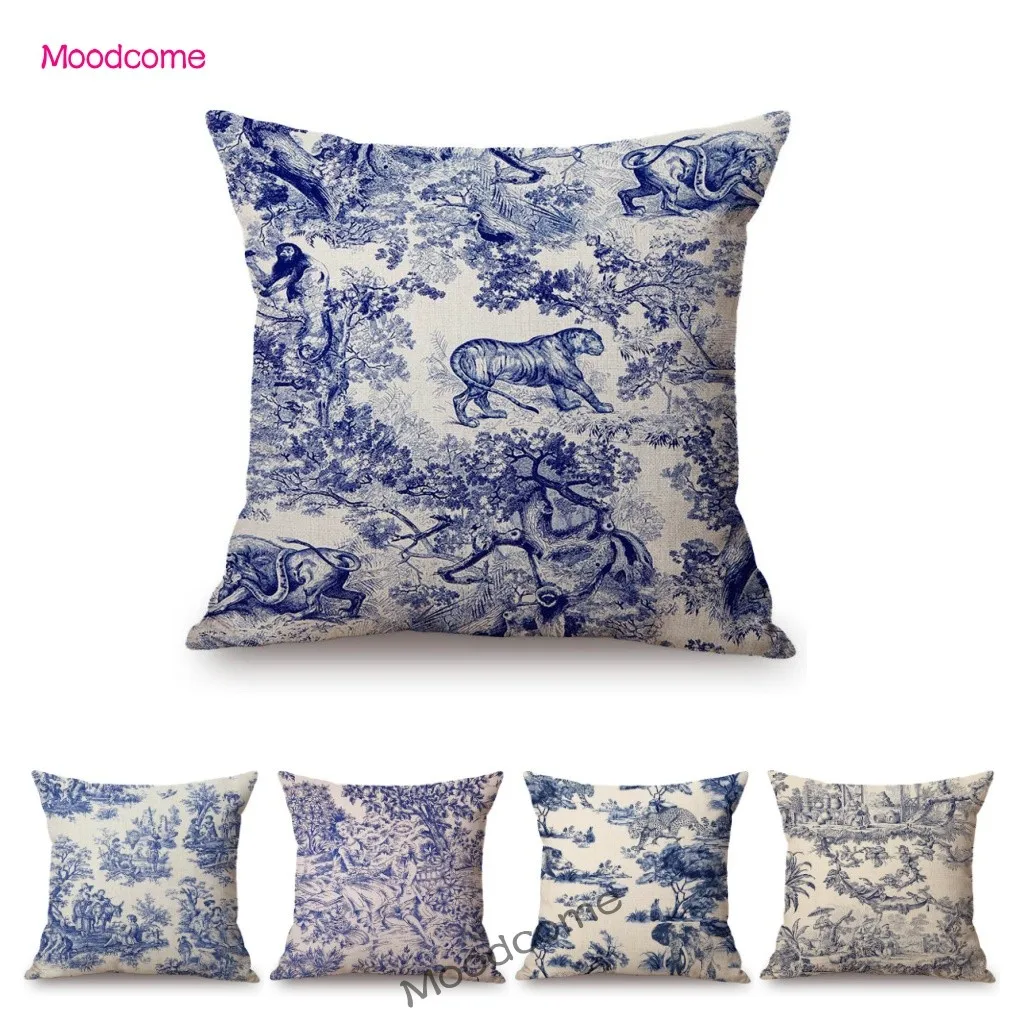Traditional Classic French Toile de Jouy Motif Design Pattern Navy Blue Elegant Retro Home Decor Sofa Pillow Case Cushion Cover