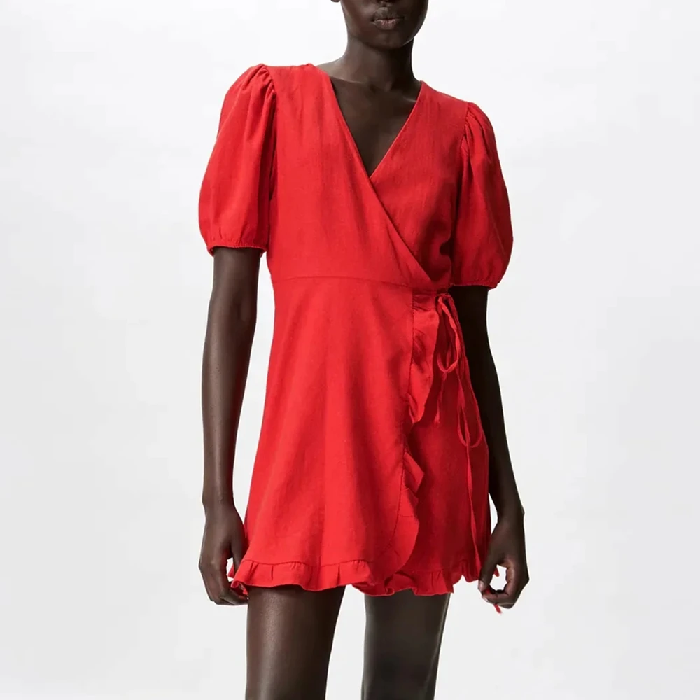 

2021 летние пляжные короткое платье; Элегантные Женские однотонные Цвет на шнуровке короткое платье; оборками повседневные шик платье с коро...