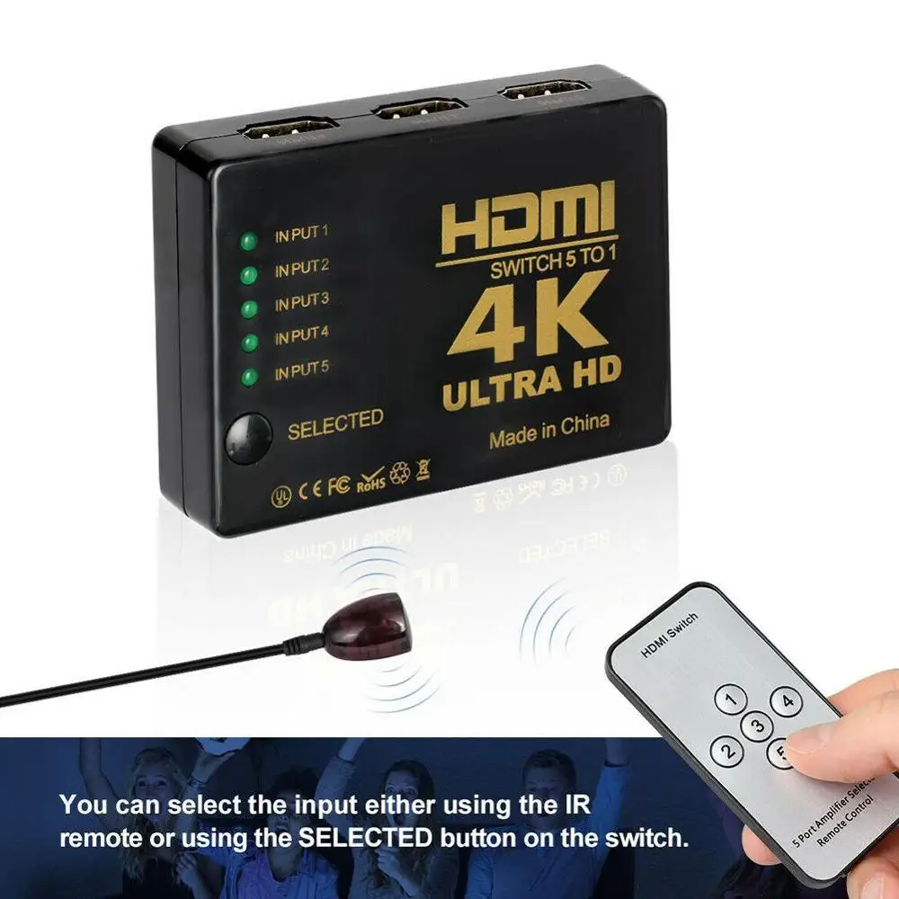

Switcher Ultra 4K HDMI-compatibleSplitter 1x5 Port 3D Video Input 1 Remote With HUB 5 Output 4K*2K PC DVD Switch IR