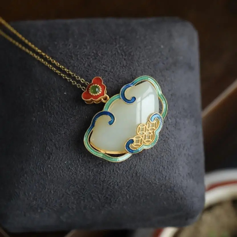 

Court Style Tian-Tsui Chinese Style Burnt Blue Sterling Silver Gilding Burnt Blue Natural Hotian Jade Pendant Ruyi Hollow