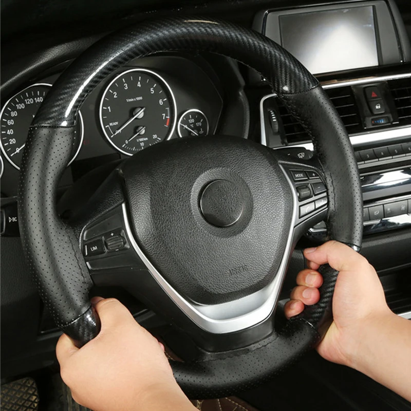 

38cm Steering Wheel Cover Braiding Sport Style Crystal Carbon Fiber Pu Automotive Internal Accessories fit Universal most cars