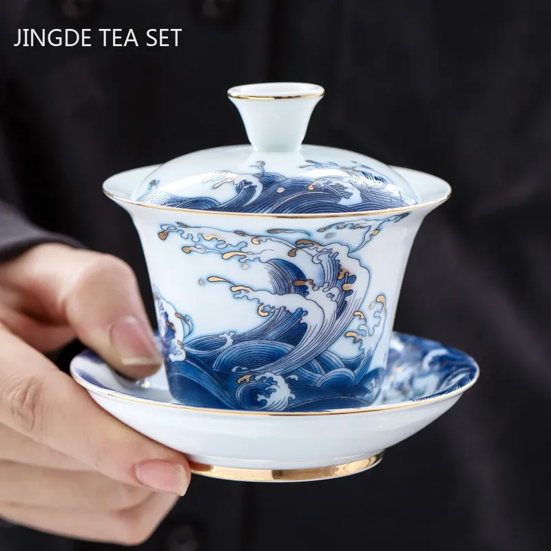 

Exquisite Enamel Ceramics Gaiwan Outline In Gold White Porcelain Tea Tureen Teacup Household Tea Set Chinese Cover Bowl