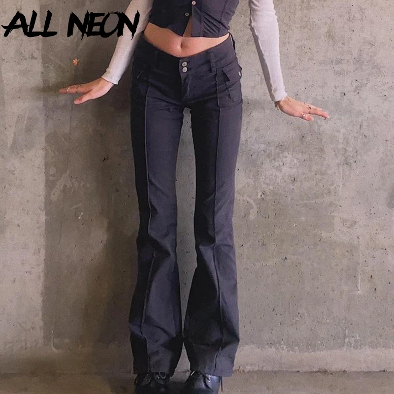 Эстетичные облегающие брюки клеш с низкой талией ALLNeon Indie girl винтажные однотонные