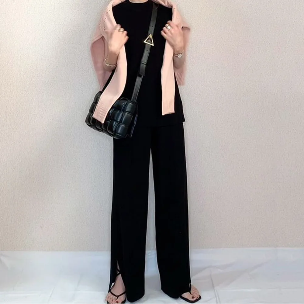 

Two Piece Sets Pullover T-shirt And Wide Legs Standard Long Pants Plain Loose Set 2021 New Style For Casual Simple Summer