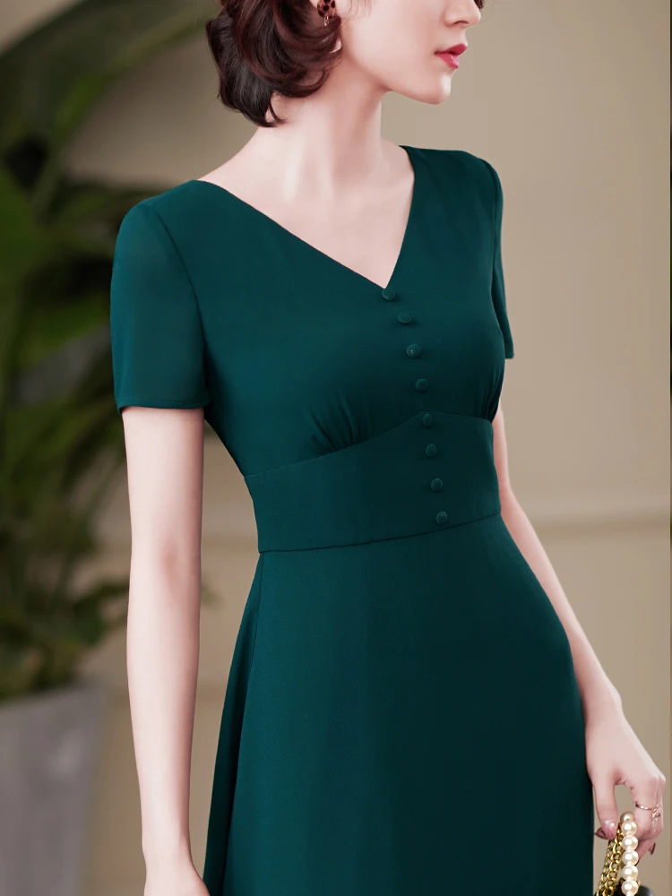 Женское офисное платье-миди с V-образным вырезом | Женская одежда