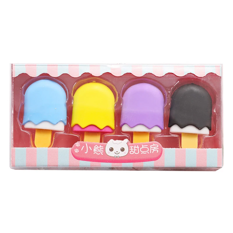 

4pcs/set Yummy Food Dessert Erasers Mini Lollipop Icecream Popsicle Donuts Rubber Pencil Eraser for Kids School Student Award