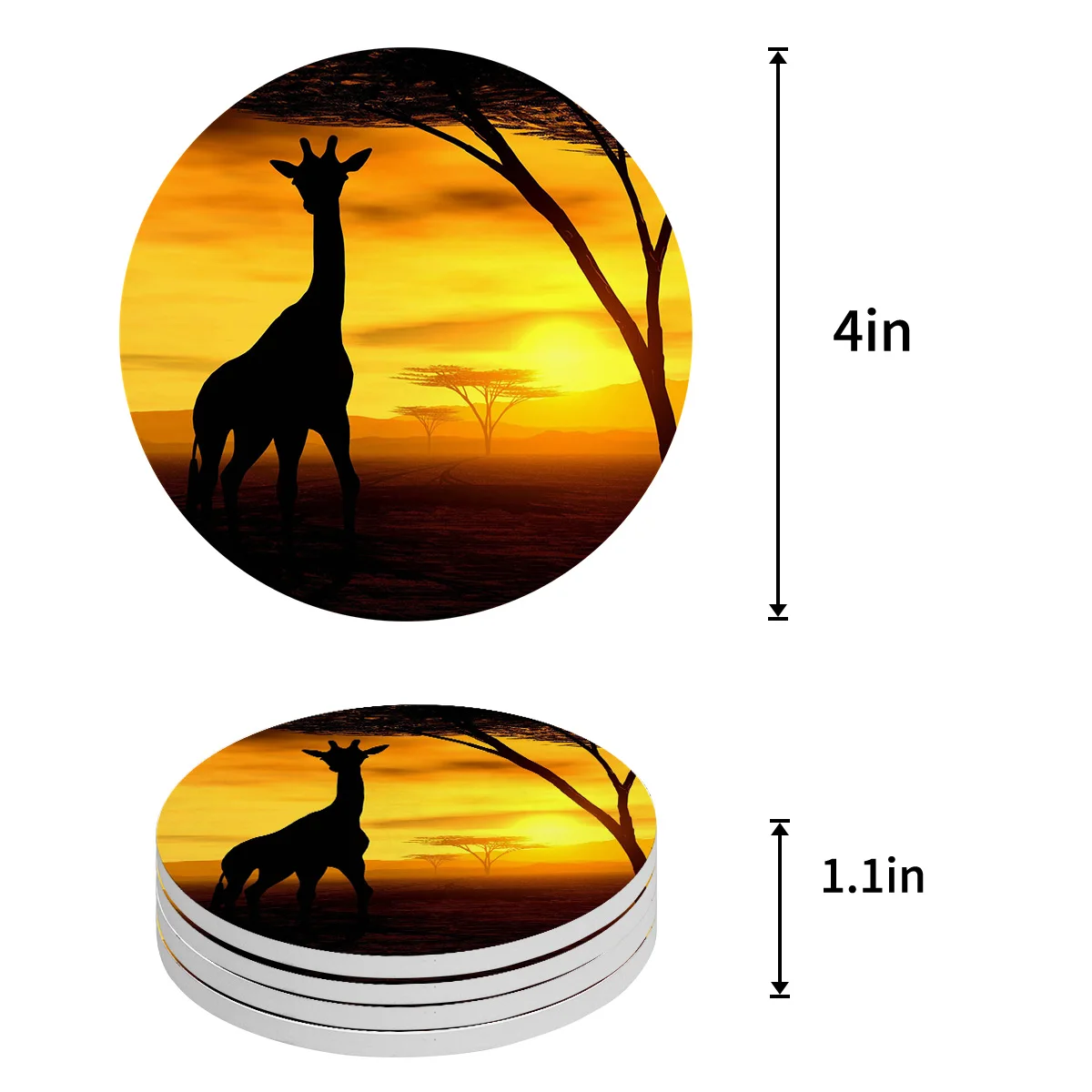 4/6/8 PCS Giraffe Steppe Sky Sunset Twilight Sun Yellow Placemat Ceramic Drink Coasters Table Decoration Absorbent Moisture | Дом и сад