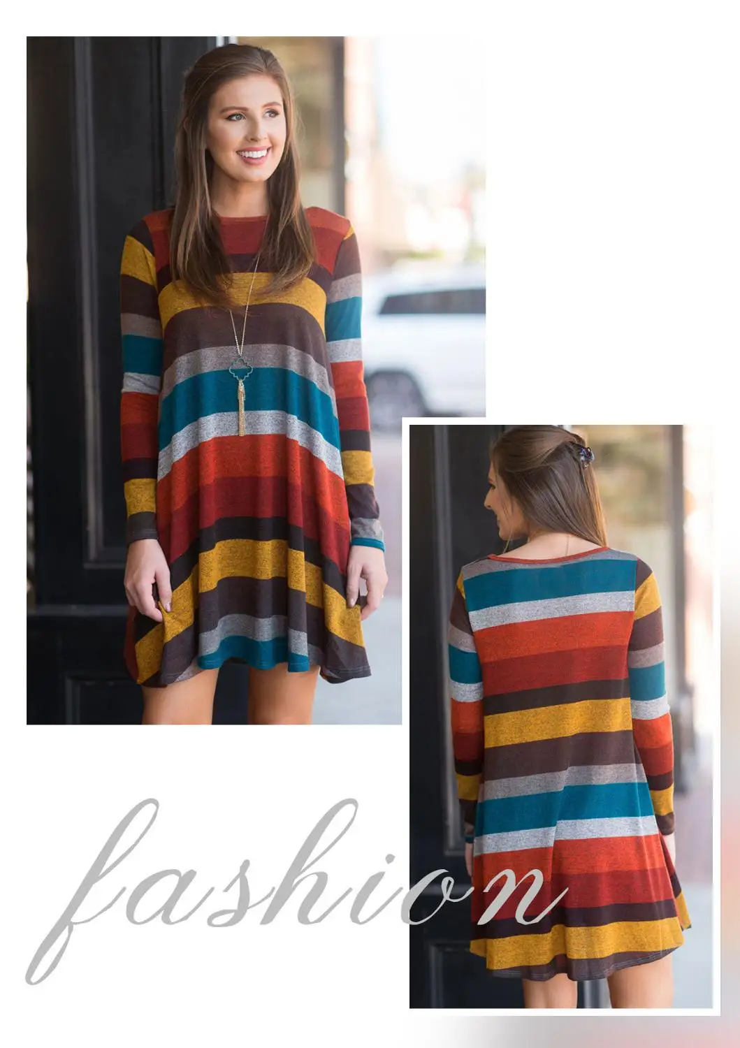 2019 Новое Женское свободное Полосатое платье с длинными рукавами | Женская одежда