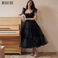 jehteh vintage blsck sweetheart short tulle prom dresses spaghetti straps lace up backless party gown tea length robes de soir%c3%a9e
