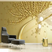 custom photo non woven 3d relief tree leaves luxurious golden wallpaper for bedroom living room sofa background wall mural paper