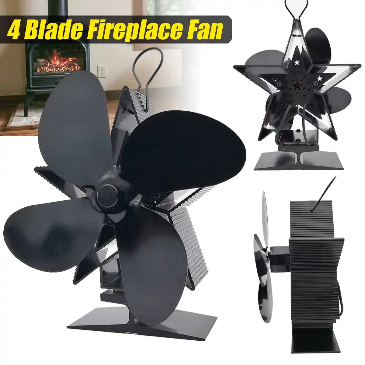 

Black Fireplace Fan 4 Blades Heat Powered Stove Fan 1100rpm Log Wood Burner Eco Friendly Quiet Fan Home Heat Distribut Efficient